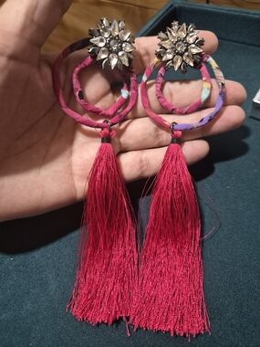 Zara Multicolor Fabric Hoop Earrings with Pink Fushia Tassels